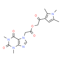 ChemSpider 2D Image | 2-Oxo-2-(1,2,5-trimethyl-1H-pyrrol-3-yl)ethyl (1,3-dimethyl-2,6-dioxo-1,2,3,6-tetrahydro-7H-purin-7-yl)acetate | C18H21N5O5