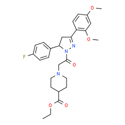 ChemSpider 2D Image | Ethyl 1-{2-[3-(2,4-dimethoxyphenyl)-5-(4-fluorophenyl)-4,5-dihydro-1H-pyrazol-1-yl]-2-oxoethyl}-4-piperidinecarboxylate | C27H32FN3O5