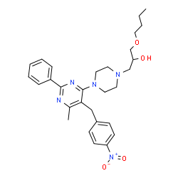 ChemSpider 2D Image | 1-Butoxy-3-{4-[6-methyl-5-(4-nitrobenzyl)-2-phenyl-4-pyrimidinyl]-1-piperazinyl}-2-propanol | C29H37N5O4