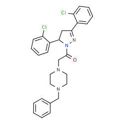ChemSpider 2D Image | 2-(4-Benzyl-1-piperazinyl)-1-[3,5-bis(2-chlorophenyl)-4,5-dihydro-1H-pyrazol-1-yl]ethanone | C28H28Cl2N4O