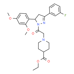 ChemSpider 2D Image | Ethyl 1-{2-[5-(2,4-dimethoxyphenyl)-3-(3-fluorophenyl)-4,5-dihydro-1H-pyrazol-1-yl]-2-oxoethyl}-4-piperidinecarboxylate | C27H32FN3O5