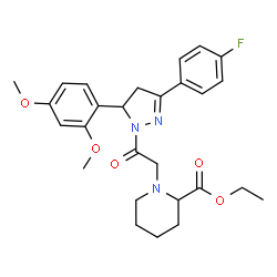 ChemSpider 2D Image | Ethyl 1-{2-[5-(2,4-dimethoxyphenyl)-3-(4-fluorophenyl)-4,5-dihydro-1H-pyrazol-1-yl]-2-oxoethyl}-2-piperidinecarboxylate | C27H32FN3O5