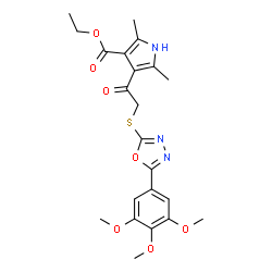 ChemSpider 2D Image | Ethyl 2,5-dimethyl-4-({[5-(3,4,5-trimethoxyphenyl)-1,3,4-oxadiazol-2-yl]sulfanyl}acetyl)-1H-pyrrole-3-carboxylate | C22H25N3O7S