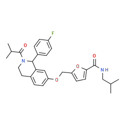 ChemSpider 2D Image | 5-({[1-(4-Fluorophenyl)-2-isobutyryl-1,2,3,4-tetrahydro-7-isoquinolinyl]oxy}methyl)-N-isobutyl-2-furamide | C29H33FN2O4
