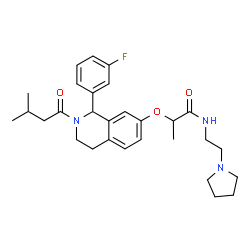 ChemSpider 2D Image | 2-{[1-(3-Fluorophenyl)-2-(3-methylbutanoyl)-1,2,3,4-tetrahydro-7-isoquinolinyl]oxy}-N-[2-(1-pyrrolidinyl)ethyl]propanamide | C29H38FN3O3
