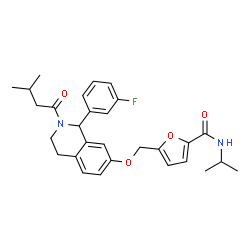 ChemSpider 2D Image | 5-({[1-(3-Fluorophenyl)-2-(3-methylbutanoyl)-1,2,3,4-tetrahydro-7-isoquinolinyl]oxy}methyl)-N-isopropyl-2-furamide | C29H33FN2O4
