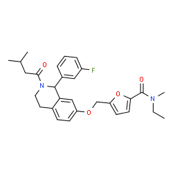 ChemSpider 2D Image | N-Ethyl-5-({[1-(3-fluorophenyl)-2-(3-methylbutanoyl)-1,2,3,4-tetrahydro-7-isoquinolinyl]oxy}methyl)-N-methyl-2-furamide | C29H33FN2O4