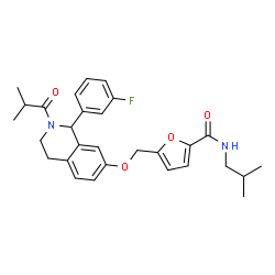 ChemSpider 2D Image | 5-({[1-(3-Fluorophenyl)-2-isobutyryl-1,2,3,4-tetrahydro-7-isoquinolinyl]oxy}methyl)-N-isobutyl-2-furamide | C29H33FN2O4