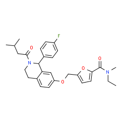 ChemSpider 2D Image | N-Ethyl-5-({[1-(4-fluorophenyl)-2-(3-methylbutanoyl)-1,2,3,4-tetrahydro-7-isoquinolinyl]oxy}methyl)-N-methyl-2-furamide | C29H33FN2O4