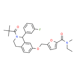 ChemSpider 2D Image | 5-({[2-(2,2-Dimethylpropanoyl)-1-(3-fluorophenyl)-1,2,3,4-tetrahydro-7-isoquinolinyl]oxy}methyl)-N-ethyl-N-methyl-2-furamide | C29H33FN2O4