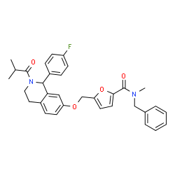 ChemSpider 2D Image | N-Benzyl-5-({[1-(4-fluorophenyl)-2-isobutyryl-1,2,3,4-tetrahydro-7-isoquinolinyl]oxy}methyl)-N-methyl-2-furamide | C33H33FN2O4