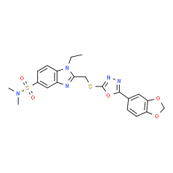 ChemSpider 2D Image | 2-({[5-(1,3-Benzodioxol-5-yl)-1,3,4-oxadiazol-2-yl]sulfanyl}methyl)-1-ethyl-N,N-dimethyl-1H-benzimidazole-5-sulfonamide | C21H21N5O5S2