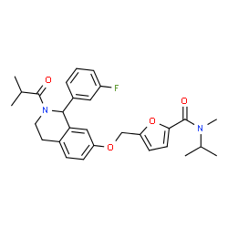 ChemSpider 2D Image | 5-({[1-(3-Fluorophenyl)-2-isobutyryl-1,2,3,4-tetrahydro-7-isoquinolinyl]oxy}methyl)-N-isopropyl-N-methyl-2-furamide | C29H33FN2O4