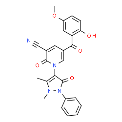ChemSpider 2D Image | 1-(1,5-Dimethyl-3-oxo-2-phenyl-2,3-dihydro-1H-pyrazol-4-yl)-5-(2-hydroxy-5-methoxybenzoyl)-2-oxo-1,2-dihydro-3-pyridinecarbonitrile | C25H20N4O5