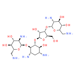 ChemSpider 2D Image | (1R,2R,3S,4R,6S)-4,6-Diamino-2-({3-O-[(5xi)-2,6-diamino-2,6-dideoxy-alpha-D-xylo-hexopyranosyl]-beta-D-ribofuranosyl}oxy)-3-hydroxycyclohexyl 2,6-diamino-2,6-dideoxy-alpha-D-glucopyranoside | C23H46N6O13