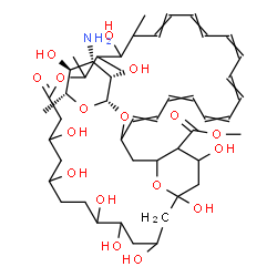 ChemSpider 2D Image | Methyl 33-[(3-amino-3,6-dideoxy-beta-D-mannopyranosyl)oxy]-1,3,5,6,9,11,17,37-octahydroxy-15,16,18-trimethyl-13-oxo-14,39-dioxabicyclo[33.3.1]nonatriaconta-19,21,23,25,27,29,31-heptaene-36-carboxylate | C48H75NO17
