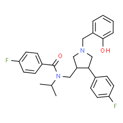 ChemSpider 2D Image | 4-Fluoro-N-{[4-(4-fluorophenyl)-1-(2-hydroxybenzyl)-3-pyrrolidinyl]methyl}-N-isopropylbenzamide | C28H30F2N2O2