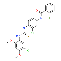ChemSpider 2D Image | N-(3-Chloro-4-{[(5-chloro-2,4-dimethoxyphenyl)carbamothioyl]amino}phenyl)-2-fluorobenzamide | C22H18Cl2FN3O3S