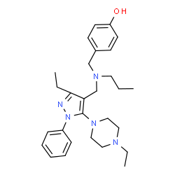 ChemSpider 2D Image | 4-{[{[3-Ethyl-5-(4-ethyl-1-piperazinyl)-1-phenyl-1H-pyrazol-4-yl]methyl}(propyl)amino]methyl}phenol | C28H39N5O