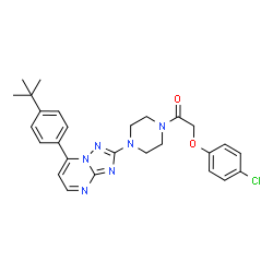 ChemSpider 2D Image | 2-(4-Chlorophenoxy)-1-(4-{7-[4-(2-methyl-2-propanyl)phenyl][1,2,4]triazolo[1,5-a]pyrimidin-2-yl}-1-piperazinyl)ethanone | C27H29ClN6O2