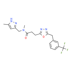 ChemSpider 2D Image | N-Methyl-N-[(5-methyl-1H-pyrazol-3-yl)methyl]-3-{5-[3-(trifluoromethyl)benzyl]-1,3,4-oxadiazol-2-yl}propanamide | C19H20F3N5O2