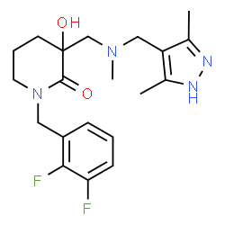 ChemSpider 2D Image | 1-(2,3-Difluorobenzyl)-3-({[(3,5-dimethyl-1H-pyrazol-4-yl)methyl](methyl)amino}methyl)-3-hydroxy-2-piperidinone | C20H26F2N4O2
