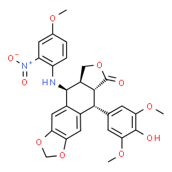 ChemSpider 2D Image | (5R,5aR,8aS,9S)-5-(4-Hydroxy-3,5-dimethoxyphenyl)-9-[(4-methoxy-2-nitrophenyl)amino]-5,8,8a,9-tetrahydrofuro[3',4':6,7]naphtho[2,3-d][1,3]dioxol-6(5aH)-one | C28H26N2O10