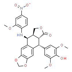ChemSpider 2D Image | (5R,5aR,8aS,9S)-5-(4-Hydroxy-3,5-dimethoxyphenyl)-9-[(2-methoxy-4-nitrophenyl)amino]-5,8,8a,9-tetrahydrofuro[3',4':6,7]naphtho[2,3-d][1,3]dioxol-6(5aH)-one | C28H26N2O10