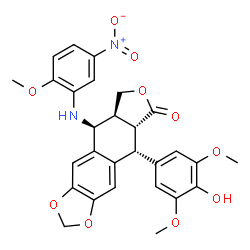 ChemSpider 2D Image | (5R,5aR,8aS,9S)-5-(4-Hydroxy-3,5-dimethoxyphenyl)-9-[(2-methoxy-5-nitrophenyl)amino]-5,8,8a,9-tetrahydrofuro[3',4':6,7]naphtho[2,3-d][1,3]dioxol-6(5aH)-one | C28H26N2O10