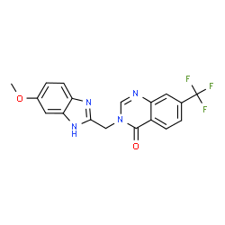 ChemSpider 2D Image | 3-[(5-Methoxy-1H-benzimidazol-2-yl)methyl]-7-(trifluoromethyl)-4(3H)-quinazolinone | C18H13F3N4O2