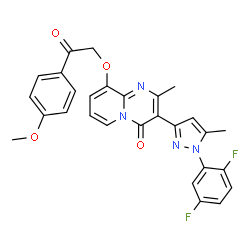 ChemSpider 2D Image | 3-[1-(2,5-Difluorophenyl)-5-methyl-1H-pyrazol-3-yl]-9-[2-(4-methoxyphenyl)-2-oxoethoxy]-2-methyl-4H-pyrido[1,2-a]pyrimidin-4-one | C28H22F2N4O4