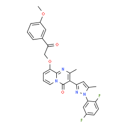 ChemSpider 2D Image | 3-[1-(2,5-Difluorophenyl)-5-methyl-1H-pyrazol-3-yl]-9-[2-(3-methoxyphenyl)-2-oxoethoxy]-2-methyl-4H-pyrido[1,2-a]pyrimidin-4-one | C28H22F2N4O4
