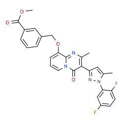 ChemSpider 2D Image | Methyl 3-[({3-[1-(2,5-difluorophenyl)-5-methyl-1H-pyrazol-3-yl]-2-methyl-4-oxo-4H-pyrido[1,2-a]pyrimidin-9-yl}oxy)methyl]benzoate | C28H22F2N4O4