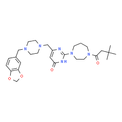 ChemSpider 2D Image | 6-{[4-(1,3-Benzodioxol-5-ylmethyl)-1-piperazinyl]methyl}-2-[4-(3,3-dimethylbutanoyl)-1,4-diazepan-1-yl]-4(1H)-pyrimidinone | C28H40N6O4