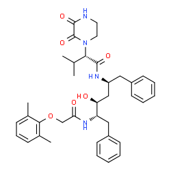 ChemSpider 2D Image | (2S)-N-[(2S,4S,5S)-5-{[(2,6-Dimethylphenoxy)acetyl]amino}-4-hydroxy-1,6-diphenyl-2-hexanyl]-2-(2,3-dioxo-1-piperazinyl)-3-methylbutanamide | C37H46N4O6