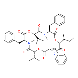 ChemSpider 2D Image | (3S,6R,9S,12R,15S,18R)-3,9,15-Tribenzyl-18-[(2R)-2-butanyl]-6,12-diisopropyl-4,10-dimethyl-1,7,13-trioxa-4,10,16-triazacyclooctadecane-2,5,8,11,14,17-hexone | C45H57N3O9