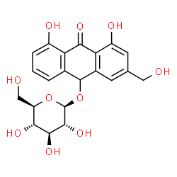 ChemSpider 2D Image | 4,5-Dihydroxy-2-(hydroxymethyl)-10-oxo-9,10-dihydro-9-anthracenyl beta-D-glucopyranoside | C21H22O10