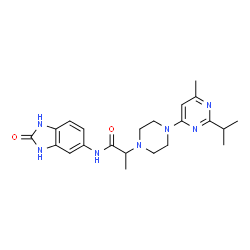 ChemSpider 2D Image | 2-[4-(2-Isopropyl-6-methyl-4-pyrimidinyl)-1-piperazinyl]-N-(2-oxo-2,3-dihydro-1H-benzimidazol-5-yl)propanamide | C22H29N7O2