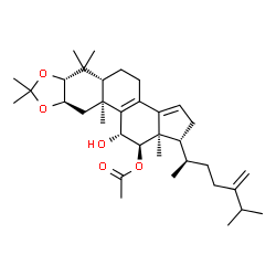 ChemSpider 2D Image | (1R,5aR,6aR,9aR,10aS,11R,12R,12aR)-11-Hydroxy-6,6,8,8,10a,12a-hexamethyl-1-[(2R)-6-methyl-5-methylene-2-heptanyl]-2,4,5,5a,6,6a,9a,10,10a,11,12,12a-dodecahydro-1H-cyclopenta[7,8]phenanthro[2,3-d][1,3]
dioxol-12-yl acetate | C35H54O5