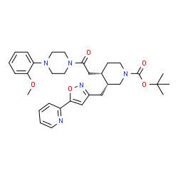 ChemSpider 2D Image | 2-Methyl-2-propanyl (3R,4S)-4-{2-[4-(2-methoxyphenyl)-1-piperazinyl]-2-oxoethyl}-3-{[5-(2-pyridinyl)-1,2-oxazol-3-yl]methyl}-1-piperidinecarboxylate | C32H41N5O5