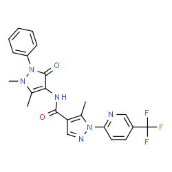 ChemSpider 2D Image | N-(1,5-Dimethyl-3-oxo-2-phenyl-2,3-dihydro-1H-pyrazol-4-yl)-5-methyl-1-[5-(trifluoromethyl)-2-pyridinyl]-1H-pyrazole-4-carboxamide | C22H19F3N6O2