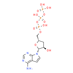 ChemSpider 2D Image | 7-[3-Deoxy-5-O-(hydroxy{[hydroxy(phosphonooxy)phosphoryl]oxy}phosphoryl)-beta-D-erythro-pentofuranosyl]-7H-pyrrolo[2,3-d]pyrimidin-4-amine | C11H17N4O12P3
