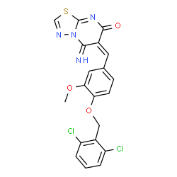 ChemSpider 2D Image | (6E)-6-{4-[(2,6-Dichlorobenzyl)oxy]-3-methoxybenzylidene}-5-imino-5,6-dihydro-7H-[1,3,4]thiadiazolo[3,2-a]pyrimidin-7-one | C20H14Cl2N4O3S