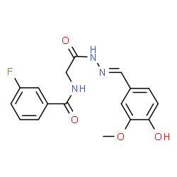 ChemSpider 2D Image | 3-Fluoro-N-{2-[(2E)-2-(4-hydroxy-3-methoxybenzylidene)hydrazino]-2-oxoethyl}benzamide | C17H16FN3O4