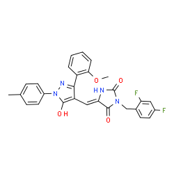 ChemSpider 2D Image | (5Z)-3-(2,4-Difluorobenzyl)-5-{[5-hydroxy-3-(2-methoxyphenyl)-1-(4-methylphenyl)-1H-pyrazol-4-yl]methylene}-2,4-imidazolidinedione | C28H22F2N4O4