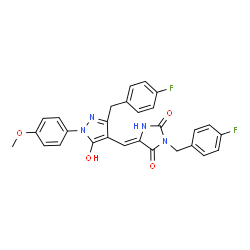 ChemSpider 2D Image | (5Z)-3-(4-Fluorobenzyl)-5-{[3-(4-fluorobenzyl)-5-hydroxy-1-(4-methoxyphenyl)-1H-pyrazol-4-yl]methylene}-2,4-imidazolidinedione | C28H22F2N4O4