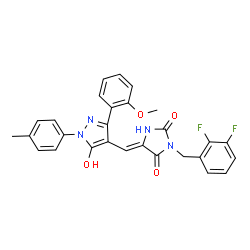 ChemSpider 2D Image | (5Z)-3-(2,3-Difluorobenzyl)-5-{[5-hydroxy-3-(2-methoxyphenyl)-1-(4-methylphenyl)-1H-pyrazol-4-yl]methylene}-2,4-imidazolidinedione | C28H22F2N4O4