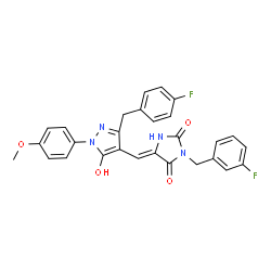 ChemSpider 2D Image | (5Z)-3-(3-Fluorobenzyl)-5-{[3-(4-fluorobenzyl)-5-hydroxy-1-(4-methoxyphenyl)-1H-pyrazol-4-yl]methylene}-2,4-imidazolidinedione | C28H22F2N4O4