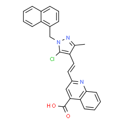 ChemSpider 2D Image | 2-{(E)-2-[5-Chloro-3-methyl-1-(1-naphthylmethyl)-1H-pyrazol-4-yl]vinyl}-4-quinolinecarboxylic acid | C27H20ClN3O2