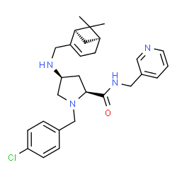 ChemSpider 2D Image | (4S)-1-(4-Chlorobenzyl)-4-({[(1R,5S)-6,6-dimethylbicyclo[3.1.1]hept-2-en-2-yl]methyl}amino)-N-(3-pyridinylmethyl)-L-prolinamide | C28H35ClN4O